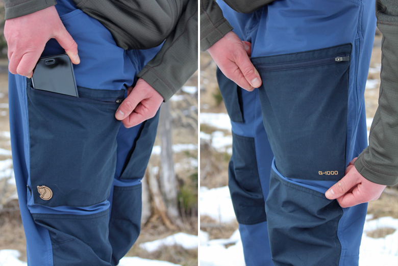 Recenzia: Turistické nohavice Fjällräven Keb Agile Trousers M - Detail na hlboké vrecká a zoslinené kolená z materiálu G-1000